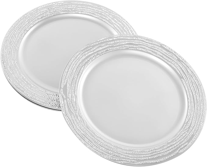 100 PCS Antique Charger Plates Bulk, 13 Inch Round Textured Edge Plastic Dinner Chargers, Bulk Plastic Charger Plates Set for Wedding, Party, Table Decor (Silver)