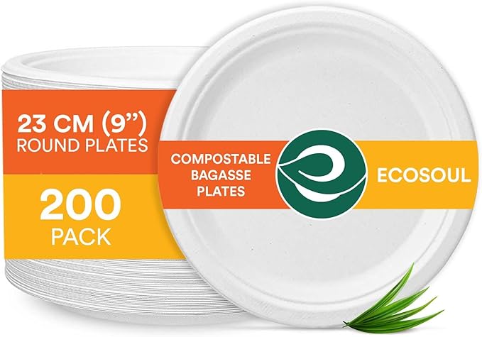 ECO SOUL 9 Inch Compostable Disposable Paper Plates [200 Pack] Food Safe 100% Virgin Bagasse Pulp Heavy Duty Biodegradable Microwave Safe Large Round Dinner Plate for Party, Picnic & BBQ (White)