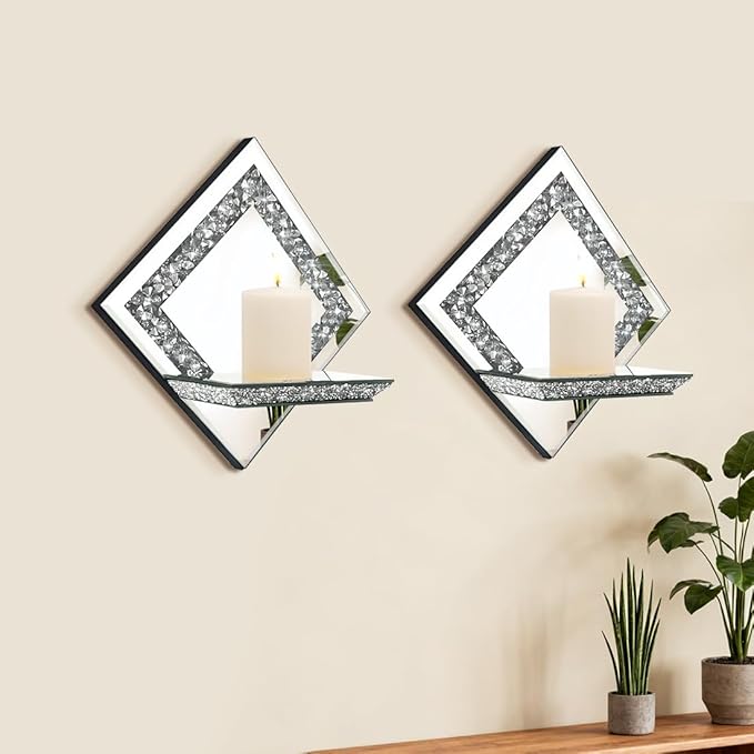 Pibeyer Mirrored Candle Sconces with Acrylic Diamond, Crushed Diamond Wall Candle Holders, Home Décor