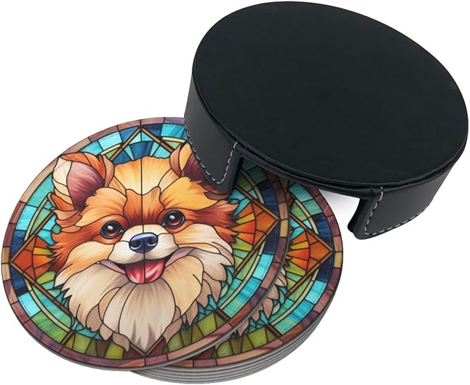 Drink Coaster Set of 6, Pomeranian Dog Mom Lover Gift,Leather Drink Coasters with Holder,6 Pack Cup/Bar/Drink Coasters for Table/Drinks/Coffee Protection Housewarming Gift