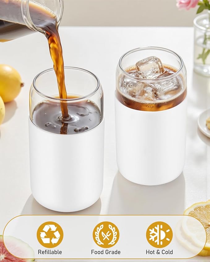 sungwoo Glass Cups with Lids and Straws, 4 Pack 16OZ Iced Coffee Cups with Silicone Sleeve, Glass Tumbler with Straw and Bamboo Lid, Home Essential Drinking Set for Juice, Cocktail and Latte White