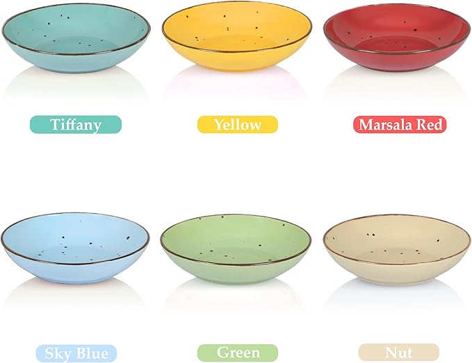 Esfour 7.95 Inch Porcelain Pasta Bowl, 23.6 Ounces Salad Bowls, Microwave & Dishwasher Safe, Sturdy & Stackable, Set of 6 Ceramic bowls Plates Set, Wide Shallow salad Bowls Set, Vivid Assorted Colors