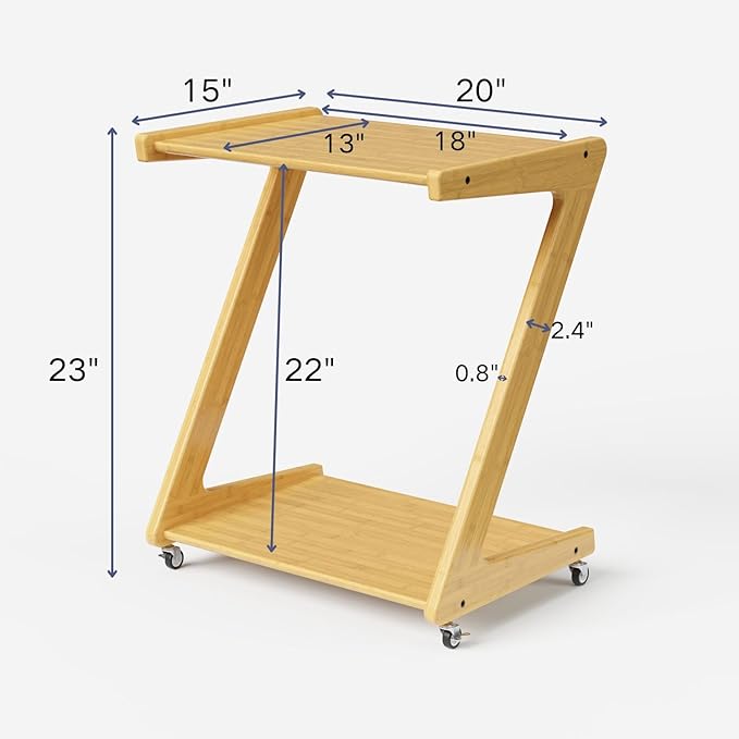 ZIYOO Z-Shaped End Table with Wheels, Natural Bamboo Couch Side Table That Slides Under Sofa/Bed, Mobile Snack Table for Living Room, Bedroom, Small Spaces