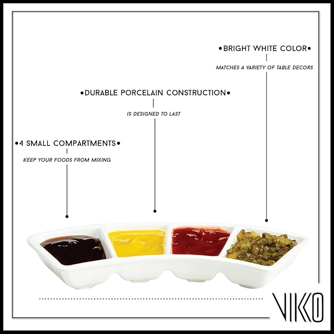 Vikko Serving Tray, 4 Section Porcelain Circular Serving Platter, Pack of 4, 8.4 Inch Small White Serving Dish for Entertaining, Condiments, Candies, Charcuterie, Snack
