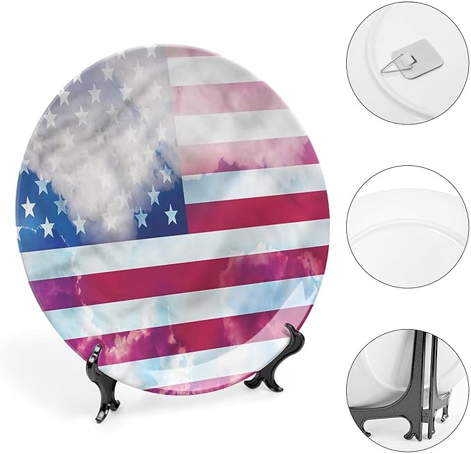Ceramic Plates, American Flag Decorative Ceramic Plates, Flag Clouds Memorial, 6 Inch, for Dining, Parties, Wedding, Multicolor