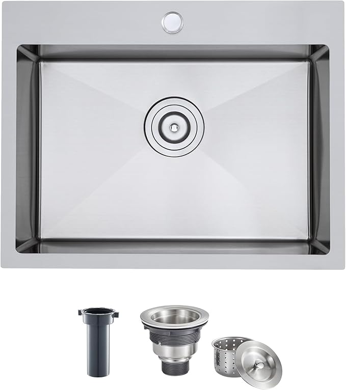 ROVATE 22x18 inches Drop-in Kitchen Sink Single Bowl Stainless Steel with 1 Hole, Handmade Topmount Kitchen Sink with Basket Strainer