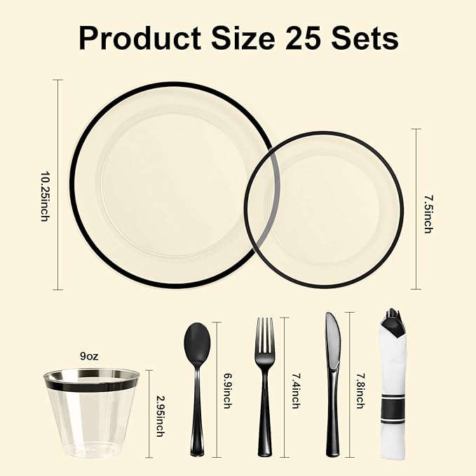 BESTSTAR 175PCS Clear and Black Disposable Plates Set for 25 Guests, 50 Plastic Plates, 25 Cups, 25 Pre-Rolled Napkins with Plastic Cutlery for Party, Birthday, Wedding, Thanksgiving, Christmas