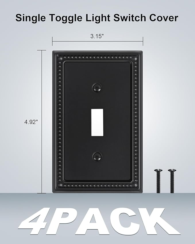 4-Pack Single Toggle Light Switch Cover Plate, Pearls Decorative Switch Plate Covers, Black 1 Gang Metal Wall Plate, Corrosion Resistant