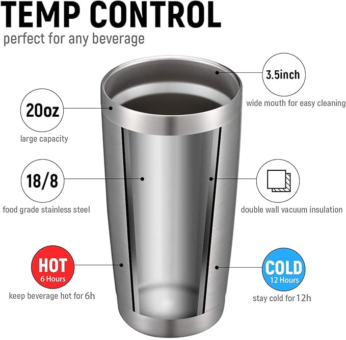 COMOOO 20oz Tumbler with Straw Stainless Steel Insulated Coffee Tumbler Cups Double Wall Vacuum Travel Coffee Mug with Splash Proof Sliding Lid for Hot Cold Drinks (Silver, 1 Pack)
