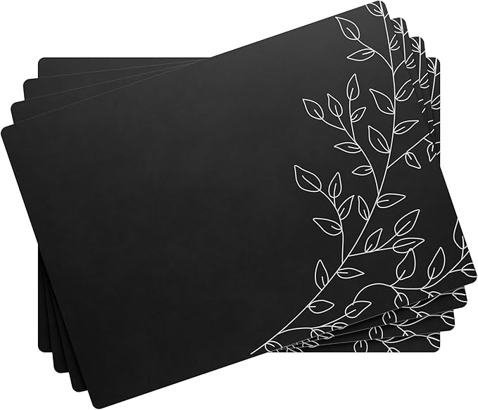 Royalty Art Black Boho Placemats, 4 Pc. Set, Non-Slip Cork Backed, Wipeable Heat Resistant Surface for Kitchen and Dining Table Protection, Cute Floral Pattern for Farmhouse or Rustic Decor