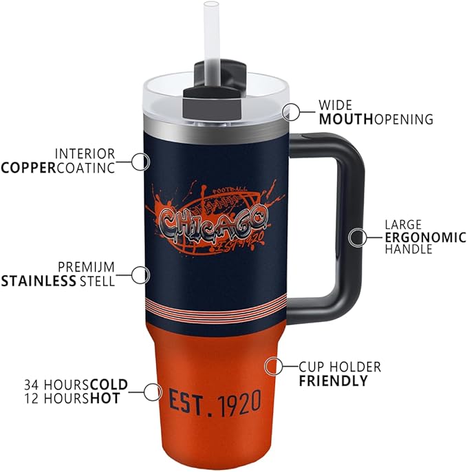 Chicago 30 oz Tumbler with Handle and Straw,Car cup,Coffee Mug,100% Leakproof Insulated Tumbler with Lid and Straw,Made of Stainless Steel,Cup Holder Friendly Base,Classic Collection Gifts for Fans