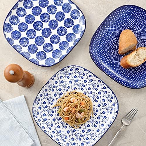 Selamica Porcelain Square Dessert Salad Pasta Plates 7.6 inches ceramic plates set of 6 microwave/dishwasher/oven safe, Vintage Blue - Image 4
