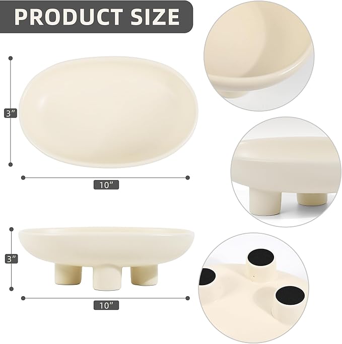 Luxurious Fruit Bowl Three-Legs Ceramic Fruit Bowl for Kitchen Counter, 10 Inch Fruit Basket Decorative Candy Bowl for Table Décor, Oval Large Bowls Key Bowl Home Table Décor (Crème 10 Inch)