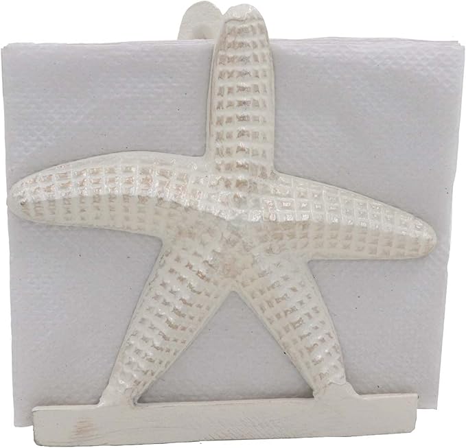 Nautical Metal Napkin Holder for Lunch/Dinner/Beverage Cocktail Napkin Holder For Kitchen/Ocean/Coastal By The Metal Magician (Starfish Sea White)