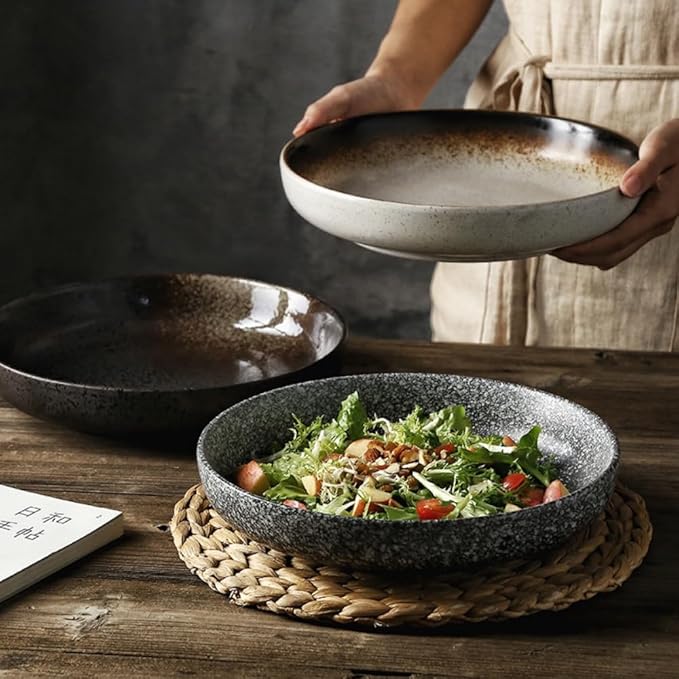 Black Speckled Stoneware Plate, Round Textured Finish