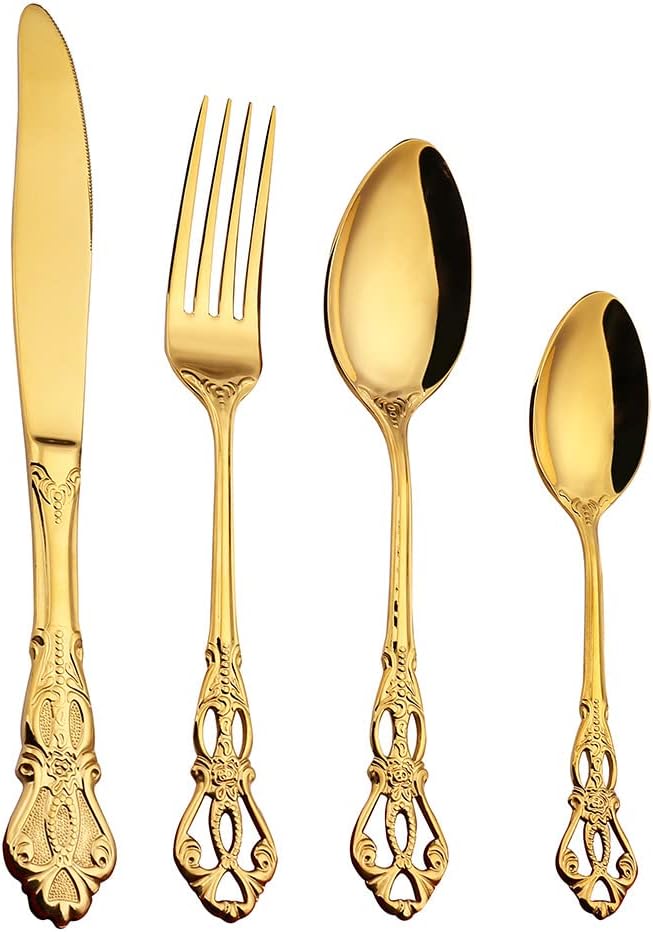 Gold Silverware Set for 16 Stainless Steel Flatware Set Palace Style Hollow Relief Decoration 64 Piece Cutlery Utensils Include Knives Forks and Spoons Tableware Set for Home Kitchen Restaurant Party