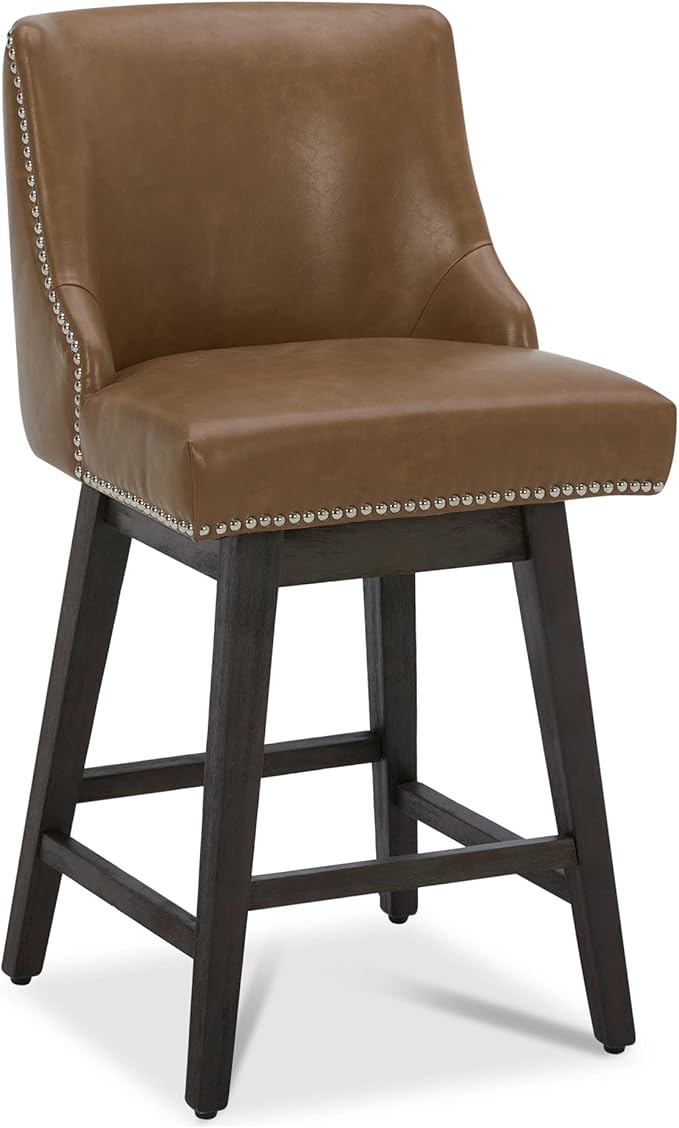 CHITA Counter Height Swivel Bar Stools, FSC Certified Upholstered Counter Stools, Modern Swivel Barstools with Wood Legs for Kitchen Island, 26" Seat Height, Faux Leather in Saddle Brown