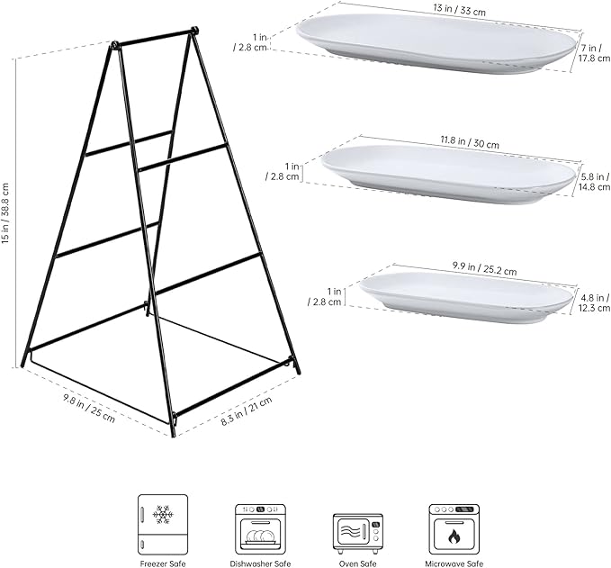 UNICASA 3 Tier Serving Tray for Parties – White Oval Porcelain Serving Platters and Trays with Collapsible Metal Stand – Tiered Dessert Stand for Cake, Snacks, Appetizers, Fruits, Chips & Dips