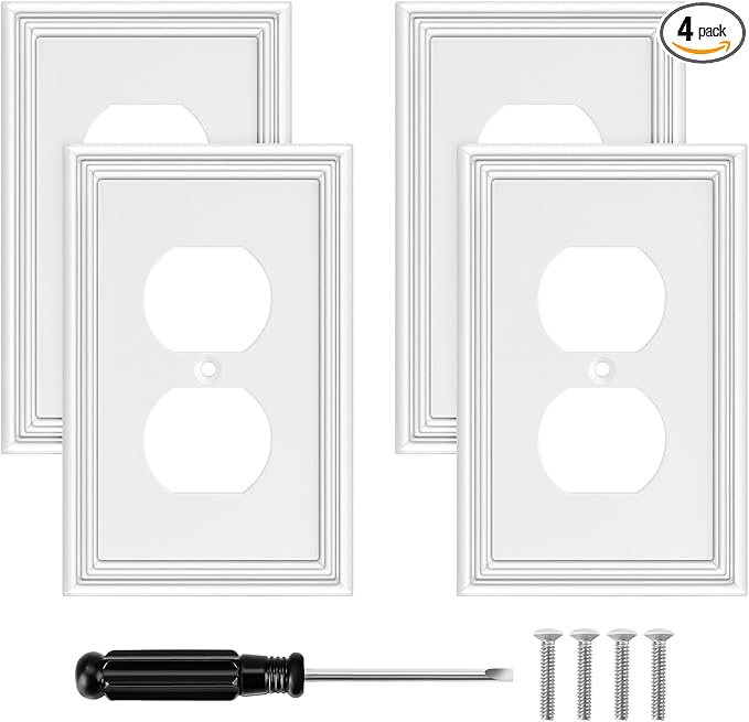 White Outlet Covers Wall Plate Modern Decorative Light Switch Cover Switch Plates Outlet Cover Bamboo Fiber Material Wall Plates for Kitchen Bathroom (1 Gang Duplex Outlet-4 Pack)