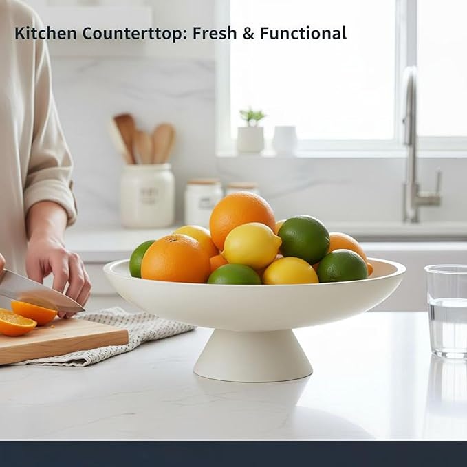 12" White Concrete Fruit Bowl - Modern Minimalist Concrete Decorative Bowl for Kitchen Counter, Living Room Coffee Table Storage