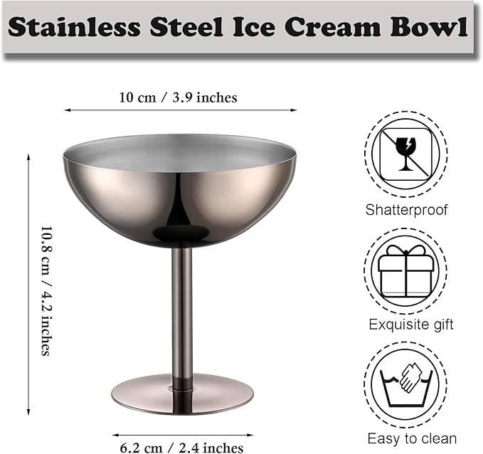 Ice Cream Bowls Stainless Steel Dessert Cups with Spoons Reusable Footed Sundae Cups Ice Cream Cups for Dessert, Frozen Yogurt, Gelato, Birthday Party Decorations (1, Black)