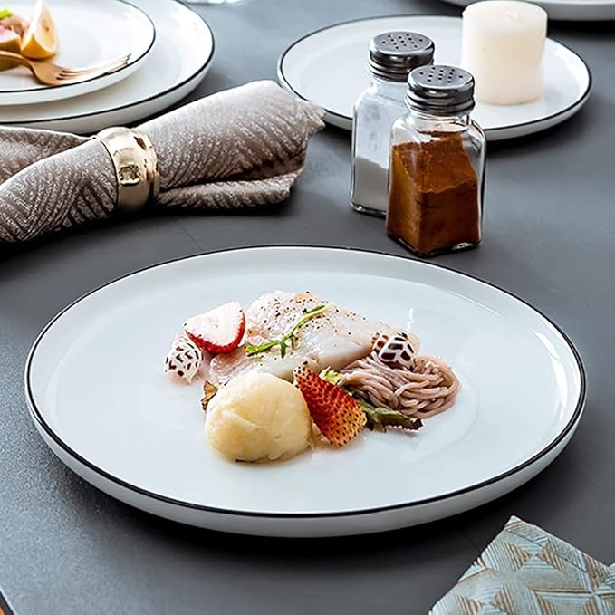 BonNoces 10 Inch Porcelain Dinner Plates, Elegant White with Black Edges Design, Classic Round Serving Plates Set for Steak, Pasta, and Salad, Set of 6
