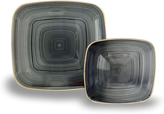 " OCCASIONS " 120 Pieces Pack,(60 Guests) Premium Wedding Party Disposable Plastic Plates Set -60 x 10'' Dinner + 60 x 7'' Salad/Dessert (Belize Square in Smoke Gray & Gold)