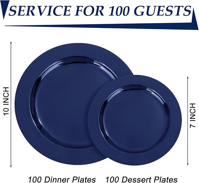 FLOWERCAT 200PCS Navy Blue Plastic Plates Disposable Plates for Party - Heavy Duty Plastic Plates - 10" &7" Plate for 100 Guests Hanukkah Parties and New Year Events