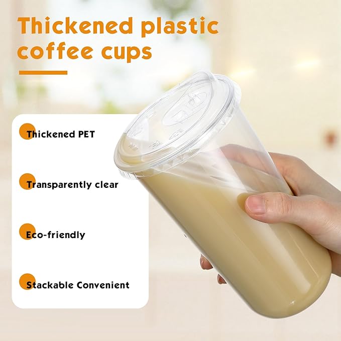 50 Sets Clear Plastic Cups with Strawless Sip Lids, Thickened Clear Disposable Plastic PET Crystal Cups for Iced Coffee, Smoothie, Cold Beverage, Drink Shops and Party Catering (20 oz)