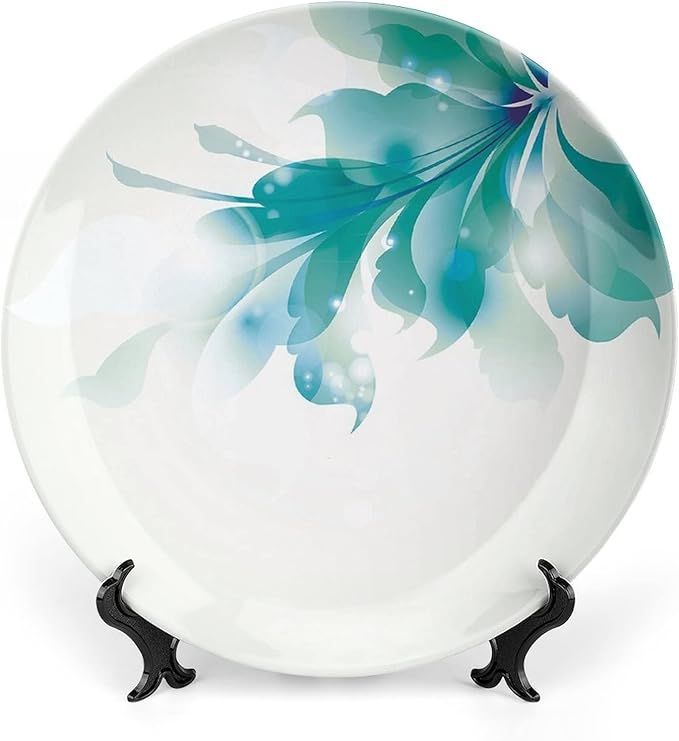 Ceramic Display Plate, Abstract Decor Ceramic Hanging Decorative Plate, Big Single Beautiful Blue Ombre Flowers, 7 Inch, Living Room Kitchen Decoration Household, White Light Blue and Blue