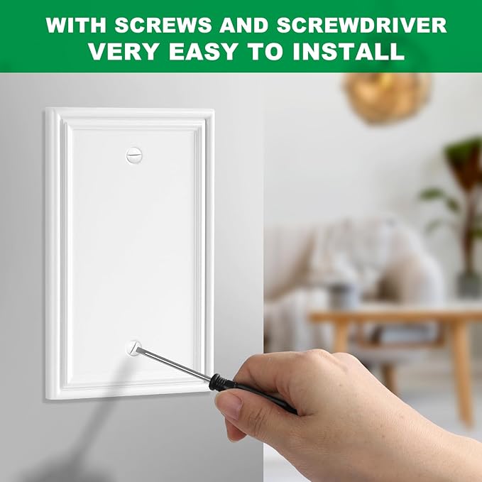 White Modern Decorative Wall Plate Light Switch Cover Decorator Outlet Covers Rocker Switch Plates Bamboo Fiber Material Wall Plates for Kitchen Bathroom (1 Gang Single Blank-4 Pack)