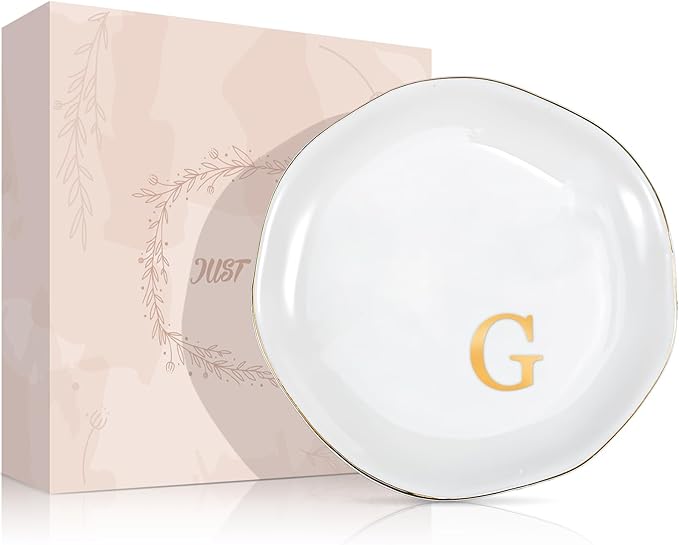 ProCase Ceramic Jewelry Tray, Initial Ring Dish Trinket Plate Engagement Gift, Small Personalized Monogram Ring Bowl for Wedding, White Decorative Jewelry Holder for Women Vanity -Letter G