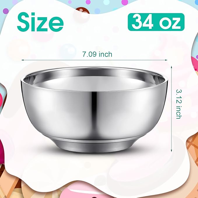 4 Pack 34 oz Stainless Steel Bowls Double Walled Insulated Soup Ice Cream Metal Mixing Nesting Bowls for Serving Soup Rice Cereal