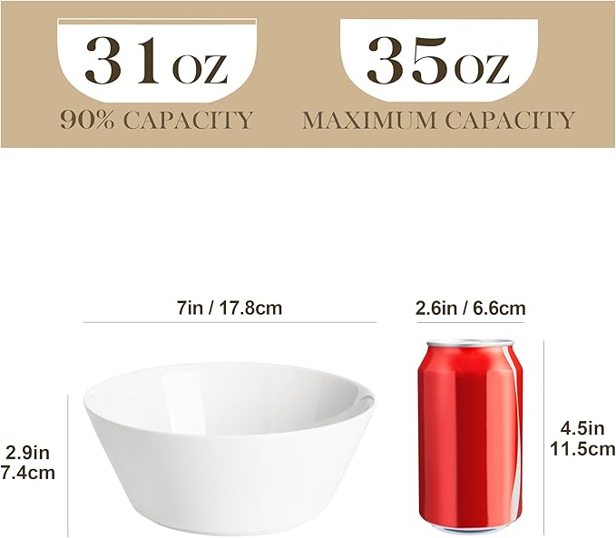 MALACASA 35 OZ Soup Bowls, White Porcelain Bowls Set of 4, Deep Bowl for Kitchen, Large Ceramic Bowls for Soup, Cereal, Salad, Ramen and Fruit, Dishwasher & Microwave Safe, Series Regular