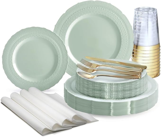 " OCCASIONS " 320pcs set (40 Guests) Extra Heavyweight Vintage Wedding Disposable/Reusable Plastic Plates -40x11'' + 40x8.25''+Silverware+Cups+Napkins (Chateau in Mint)