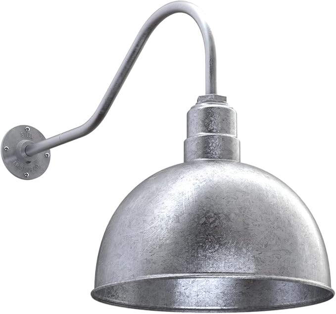 Steel Lighting Co. Hollywood Bowl Light | Outdoor Wall Mounted | 15 inch Bowl Dome | 23 inch Gooseneck | Barn Light Made in America | Galvanized Exterior/Galvanized Interior