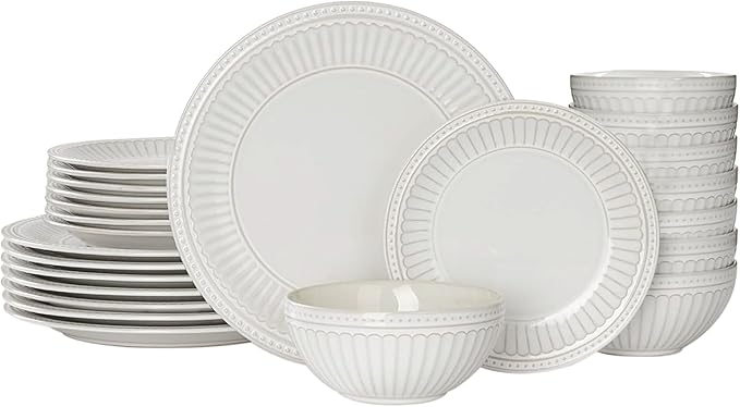 Famiware Garden Plates and Bowls Set, 24-Piece Dish Set for 8, Scratch Resistant Stoneware Dinnerware Set, Embossed Ceramic Tableware - Microwave and Dishwasher Safe, Reactive Glaze White