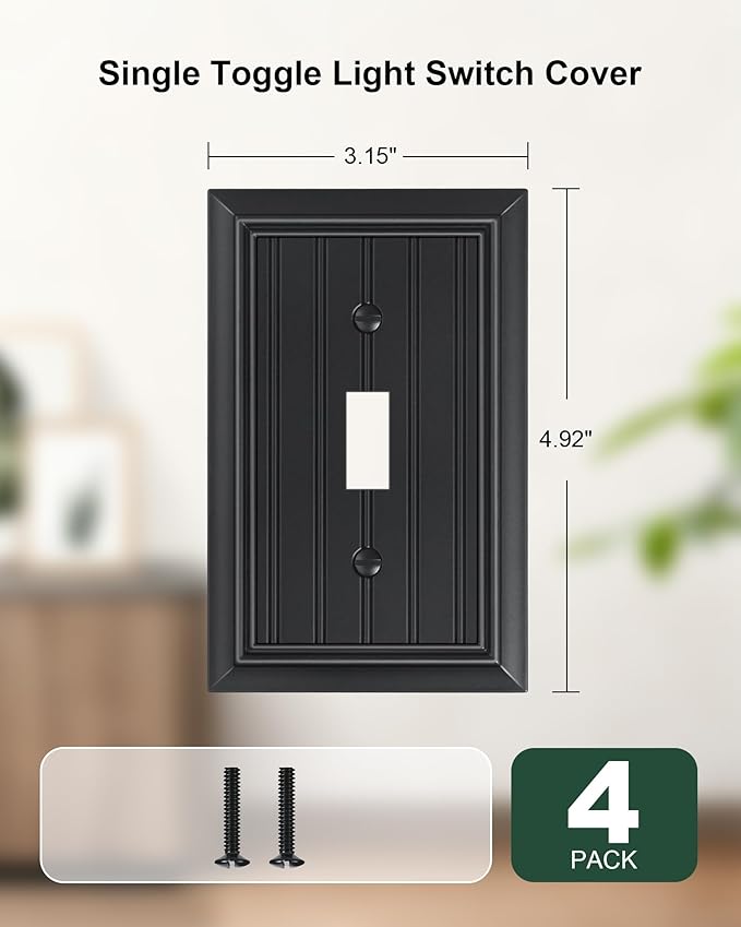 4-Pack Classic Beadboard Classic Beadboard Single Toggle Light Switch Cover Plate, Durable Natural Bamboo Fiber Decorative Switch Plate Covers, Matte Black 1 Gang Wall Plate