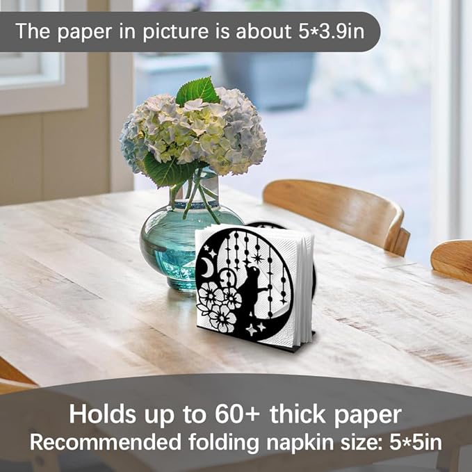 Cat Moon Decorative Black Metal Napkin Holder for Table, 4.9" x 4.9" x 2" Kitty Flower Standing Napkin Holder for Home Kitchen Restaurant Picnic Party Coffee Bar Dining Room