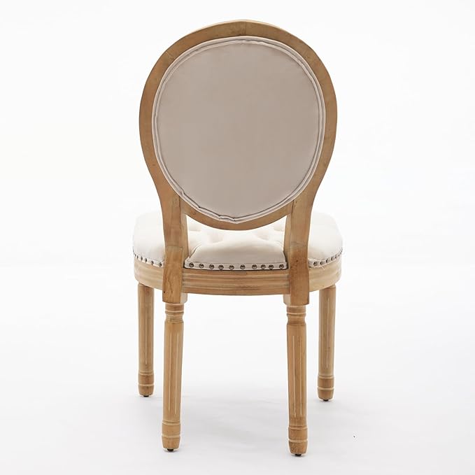 Ball & Cast French Vintage Upholstered Dining Chairs Set of 2, Button Tufted Kitchen Side-Chairs with Carved Antique Wood Frame & Nailhead Trims, 2-Piece Curved Backrest Louis Chair, Velvet Beige