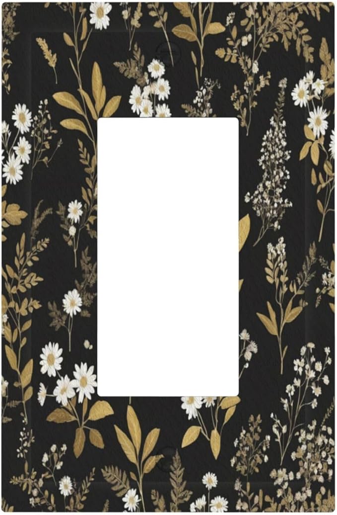Outlet Covers Black/Gold Boho Botanical Floral Rustic Flowers 1 Gang Wall Plate Single Rocker Light Switch Cover Decorative GFCI Receptacle Electrical Switchplate for Bathroom Kitchen（2 Pack）