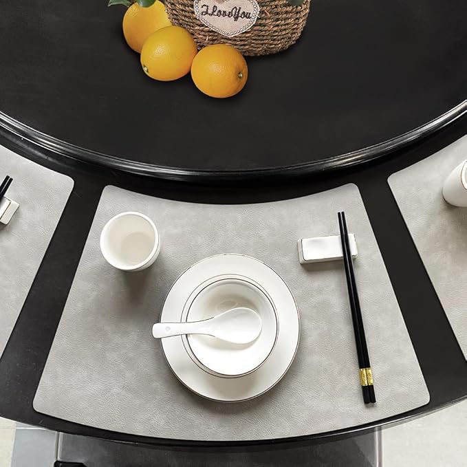 Leather Round Table Washable Placemats, Black Thick Faux Leather Heat Resistant Wedge Table Placemat, Waterproof Non-Slip Easy to Clean Place mat for Kitchen Coffee Dining Room Table Set of 6
