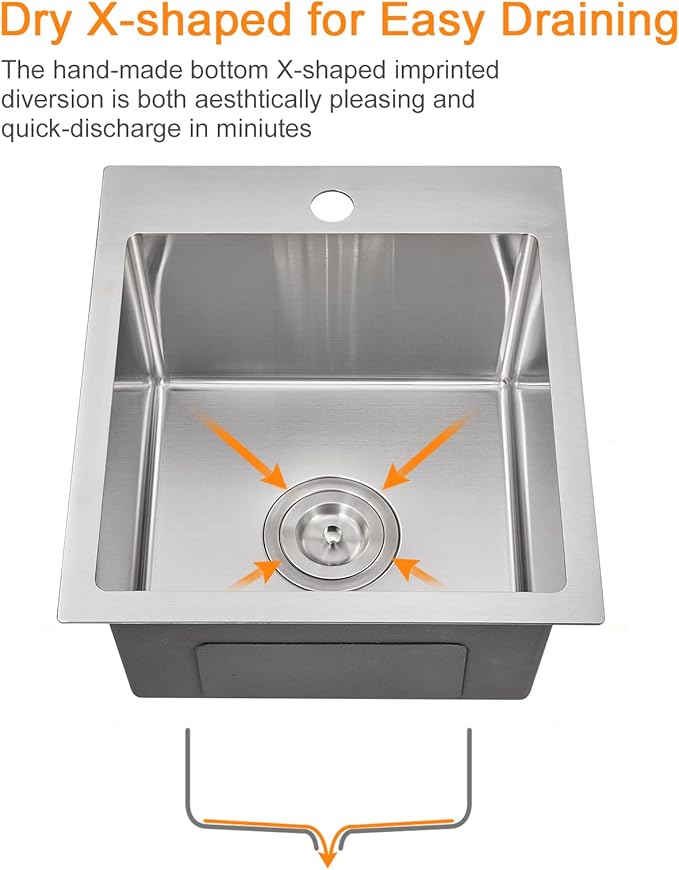 ROVATE 15 x 17 x 8 inch Drop in Bar or Kitchen Sink Single Bowl, Small Kitchen Sink Topmount, 304 Stainless Steel Bar Sinks Overmount Handmade with Basket Strainer