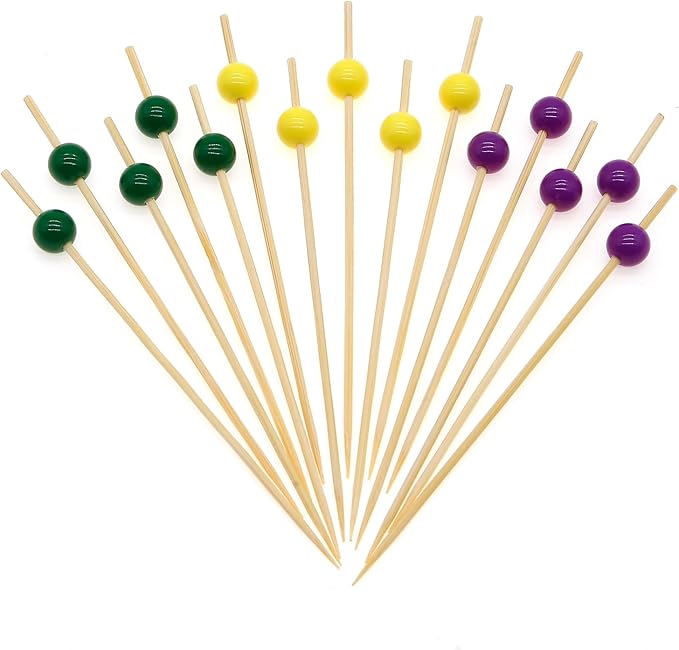 Minisland Yellow Pearl Cocktail Picks, 4.7 Inch Long Bamboo Fancy Toothpicks for Appetizers, Decorative Mardi Gras Carnival Party Food Drink Garnish Fruit Kabob Skewer Sticks 100 Counts - MSL451
