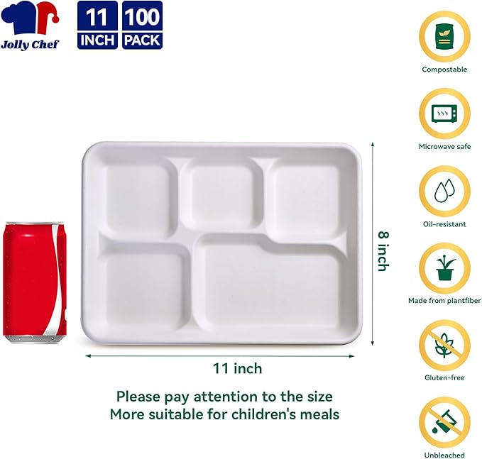 JOLLY CHEF Compostable 𝟱 Compartment Paper Plates 𝟭𝟭 * 𝟴 𝗶𝗻𝗰𝗵 [𝟭𝟬𝟬 𝗣𝗮𝗰𝗸] Heavy Duty White Divided Disposable Plate Eco-Friendly Biodegradable Food Tray for Party Lunch Dinner Christmas