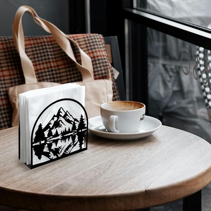 Mountain Forest Decorative Black Metal Napkin Holder for Table, 5.3" x 4.9" x 1.9" Mountain Tree Standing Napkin Holder for Home Kitchen Restaurant Picnic Party Coffee Bar Dining Room