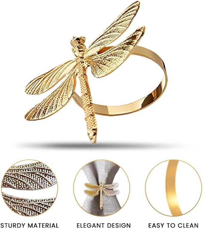 Decozen Set of 16 Gold Napkin Rings in Dragonfly Design Festive Table Decor Setting for Holiday Wedding, Birthday, Kitchen, Home Decor Housewarming Gift - Mothers Day Decorations