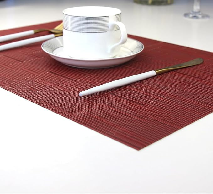 Placemats for Dining Table Washable Easy to Clean PVC Placemat Heat-resistand Woven Vinyl Wipe Clean Table Mats (placemats Set of 6, Bamboo Red)