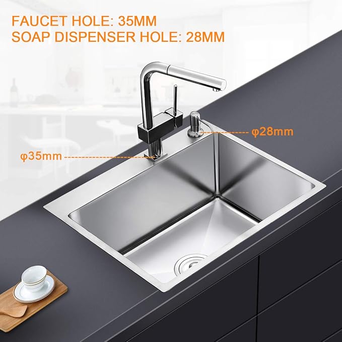 ROVATE 21.6-inch Drop-in Topmount Kitchen Sink, 304 Stainless Steel Kitchen Sink Single Bowl, Handmade Bar Sinks Overmount
