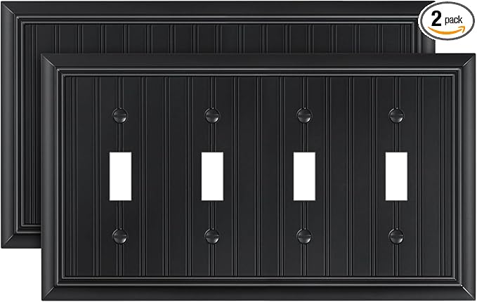 2-Pack Classic Beadboard Quad Toggle Light Switch Cover Plate, Black Decorative Switch Plate Covers, Natural Bamboo Fiber 4 Gang Wall Plate for Toggle Switch and Rotary Dimmer Switch